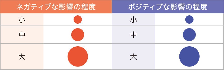 財務影響は、事業への影響をネガティブ（赤）、ポジティブ（青）で表示