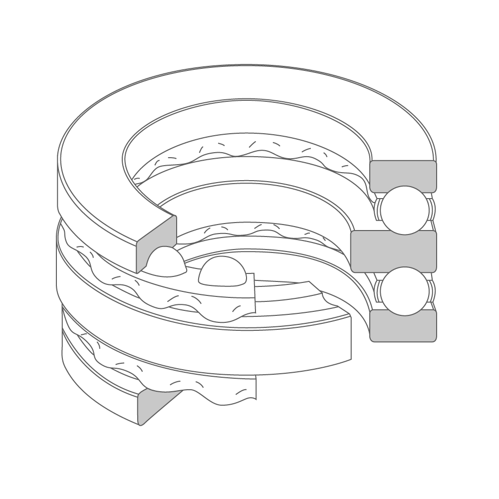 3D model and cross-section of a double-direction thrust ball bearing. The bearing is oriented horizontally, with the two outer rings, two cages, balls, and a thick inner ring visible.