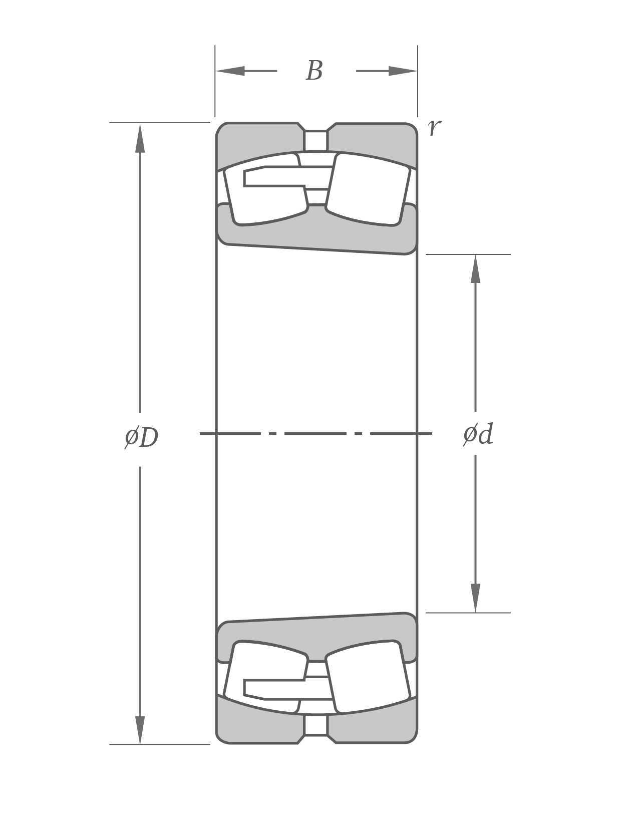 2D cross-section of dimensional symbols for SRB with tapered bore. D refers to the outside diameter, d to the bore diameter, r to chamfers, and B to the total ring width.