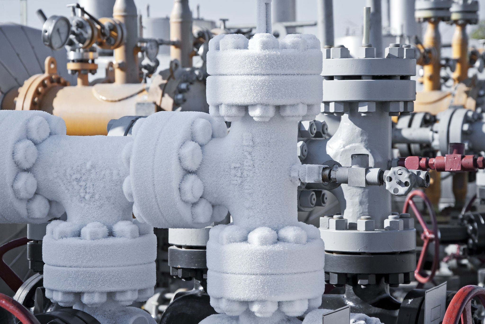 Close up of a frozen natural gas pipeline