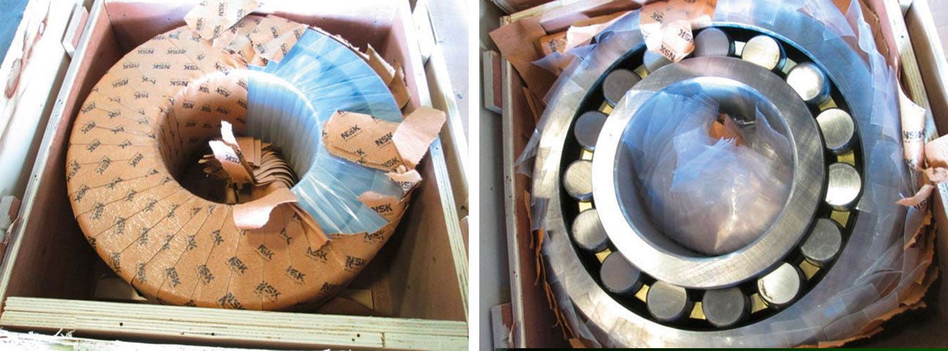 Both of these bearing products are counterfeit, showing incorrect packaging (left) and no markings (right) 