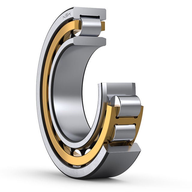 3D cross-section of cylindrical roller bearing, with rollers and machined-brass cage visible.