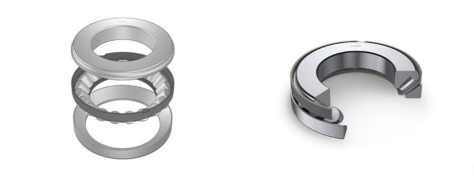 3D models and cross-section of thrust roller bearings. The bearings are oriented horizontally, with the housing washer, shaft washer, rollers, and cage visible. 