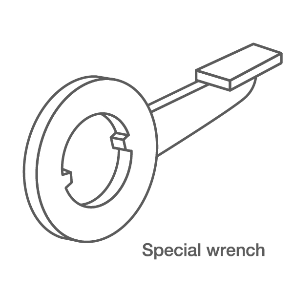 A specially shaped wrench with a closed ring with two notches at one end.